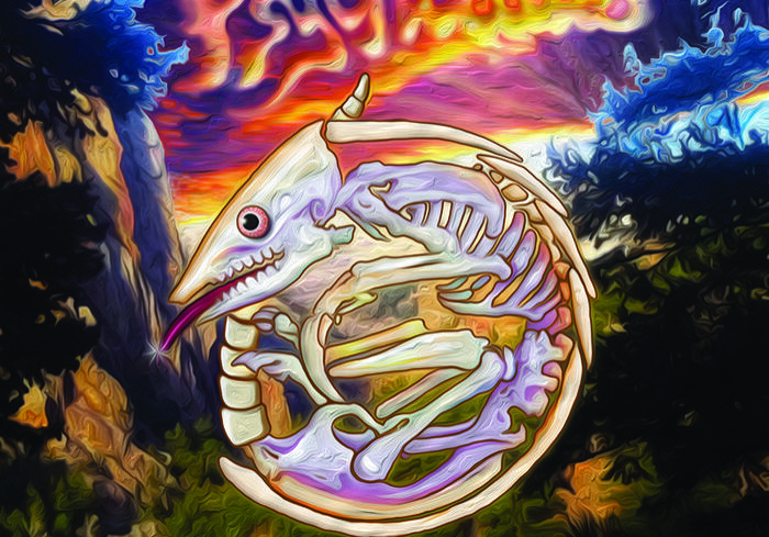 Psychedelic artwork featuring surreal skeletal creature.