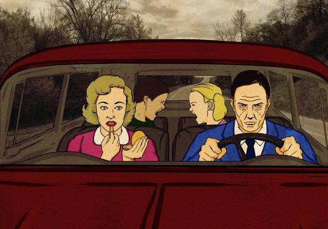 Illustration of four people in a car.