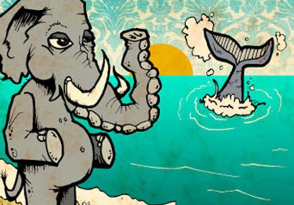 Elephant and whale near ocean, artistic illustration.