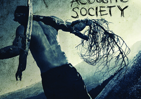 Man with wooden branches, album cover art.