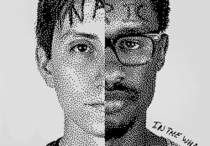 Split face drawing with glasses and text.