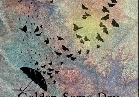 Umbrella with flying birds on textured background.