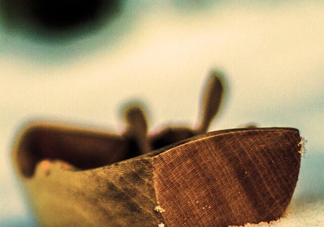 Wooden shoe on sandy surface, text overlay.