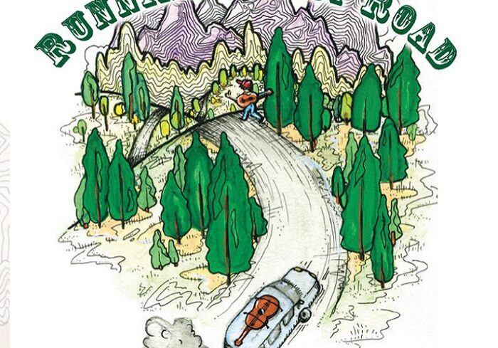 Illustrated winding road through forest landscape.