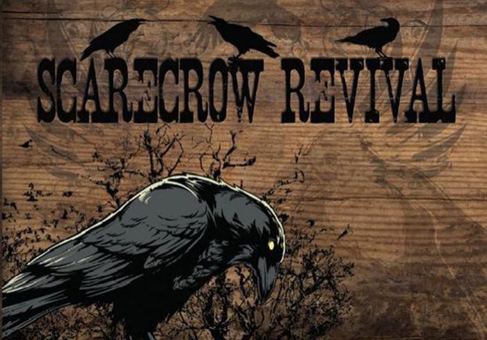 Crow with text "Scarecrow Revival" on wood background.