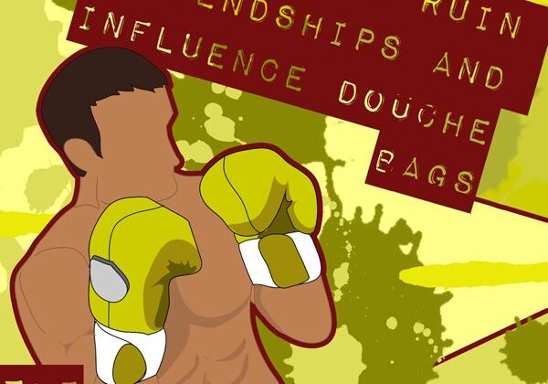 Boxer with text and abstract background.