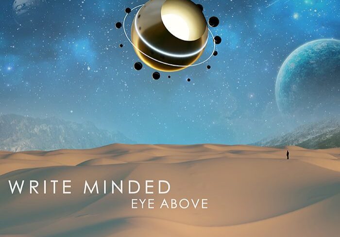 Surreal landscape with planets and desert.