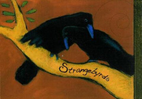 Two black birds perched on a branch.