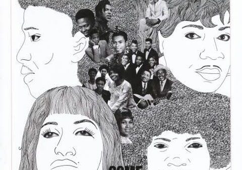 Illustrated album cover with diverse portraits.