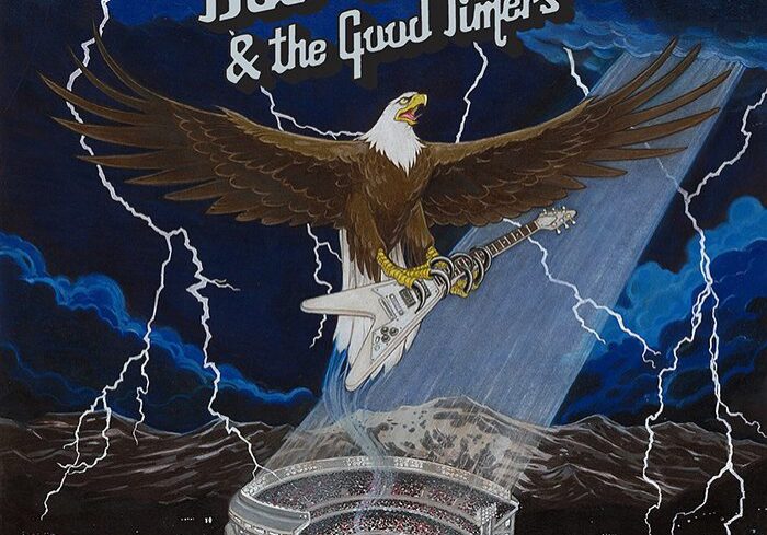 Eagle with guitar flying over stadium.