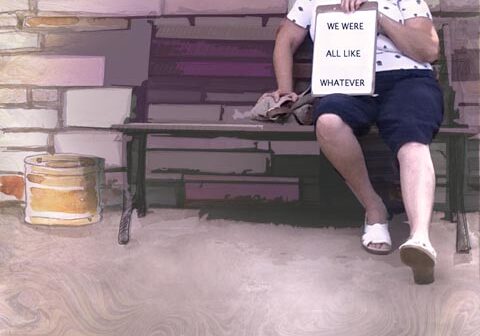 Person sitting on bench with humorous sign.