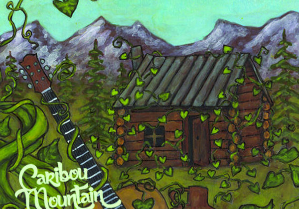 Rustic cabin with guitar and mountains illustration.