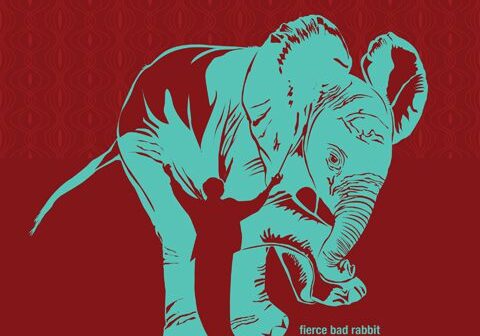 Illustrated elephant on red textured background.