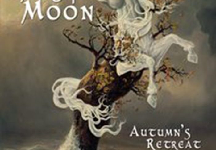 Unicorn emerging from tree in mystical scene.