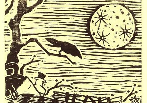 Illustrated poster with moon and abstract landscape.