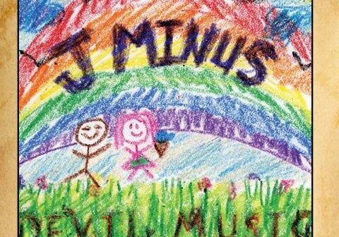 Childlike drawing with rainbow and stick figures.