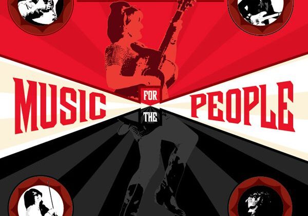 Album cover with musicians and guitar graphics.