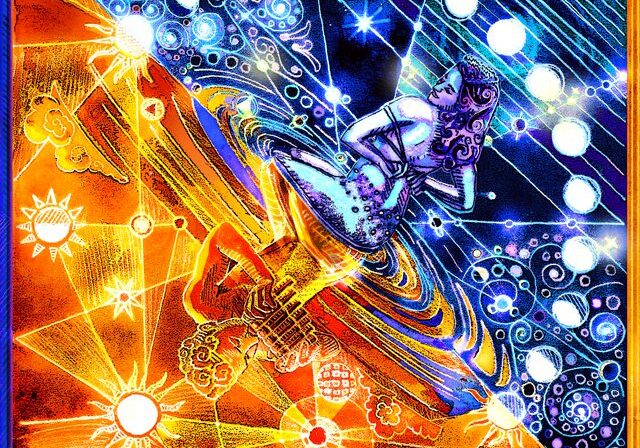 Surreal art depicting day and night scene.