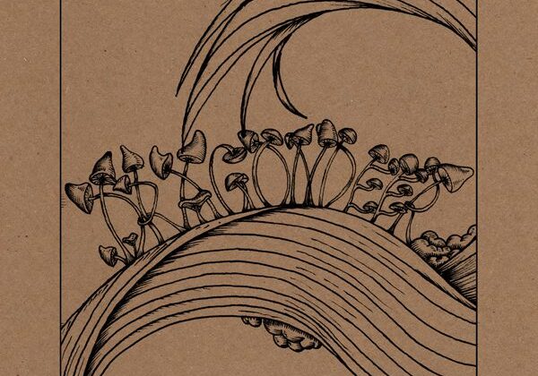 Intricate black line drawing on brown background.