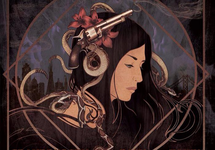 Woman with snakes and gun illustration.