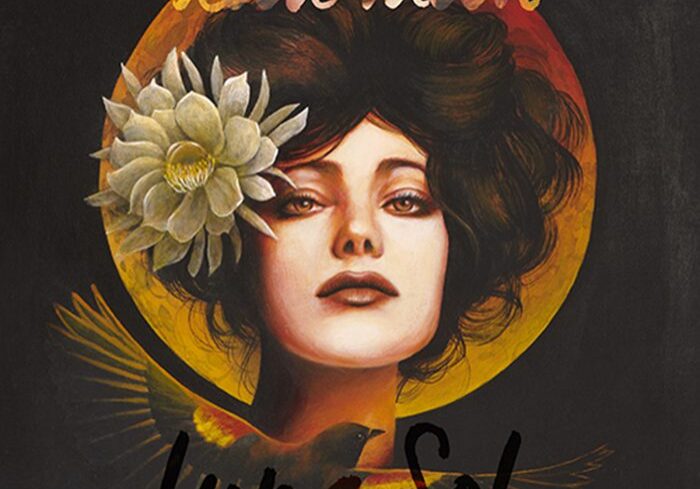 Woman with flower and bird illustration.
