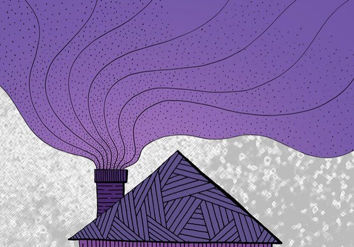 Purple house emitting swirling purple smoke.
