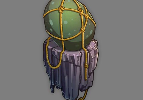 Green stone tied with rope on pedestal.