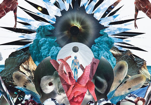 Surreal collage with abstract and cosmic elements.