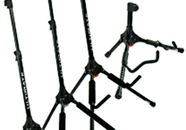 Three black music instrument stands, white background.