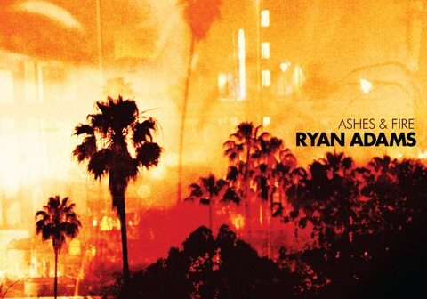 Orange fiery landscape with silhouetted palm trees.