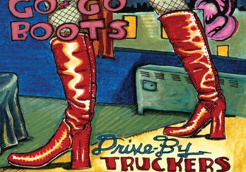 Illustration of red boots and colorful text.