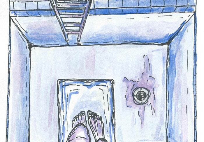 Feet at pool edge, "shark dreams deep.
