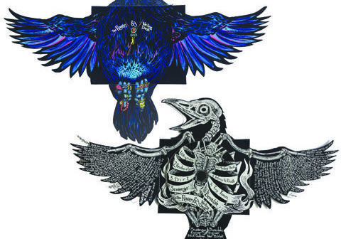 Colorful ravens with intricate designs and text.