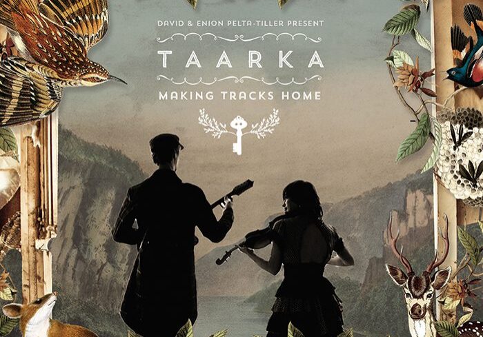 Silhouetted musicians with nature-themed border.