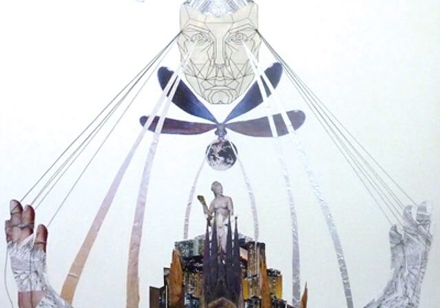 Abstract figure above cityscape with strings.