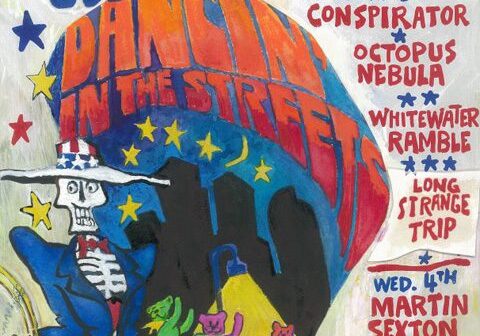 Colorful concert poster with dancing skeleton illustration.