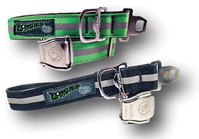 Two colorful striped seatbelt-style belts.