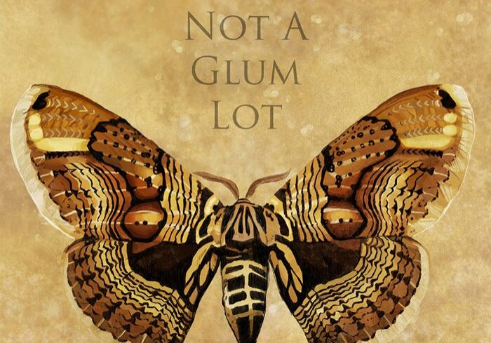 Moth illustration with text overlay.