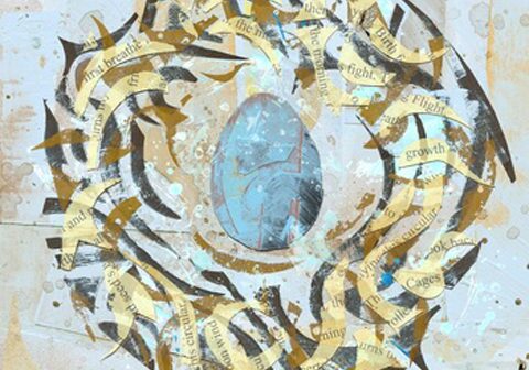 Abstract collage with egg and text strips.