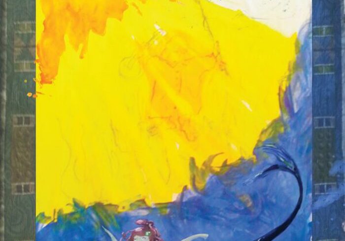 Mermaid swimming under bright yellow sky.