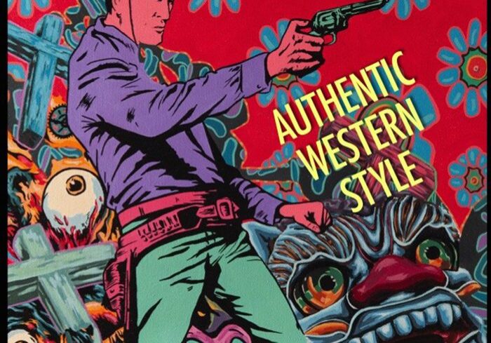 Cowboy with gun and vibrant background design.