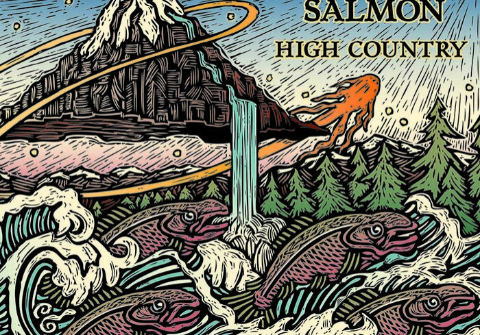 Colorful mountain and fish illustration, "Leftover Salmon.