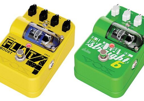 Yellow and green guitar effects pedals.