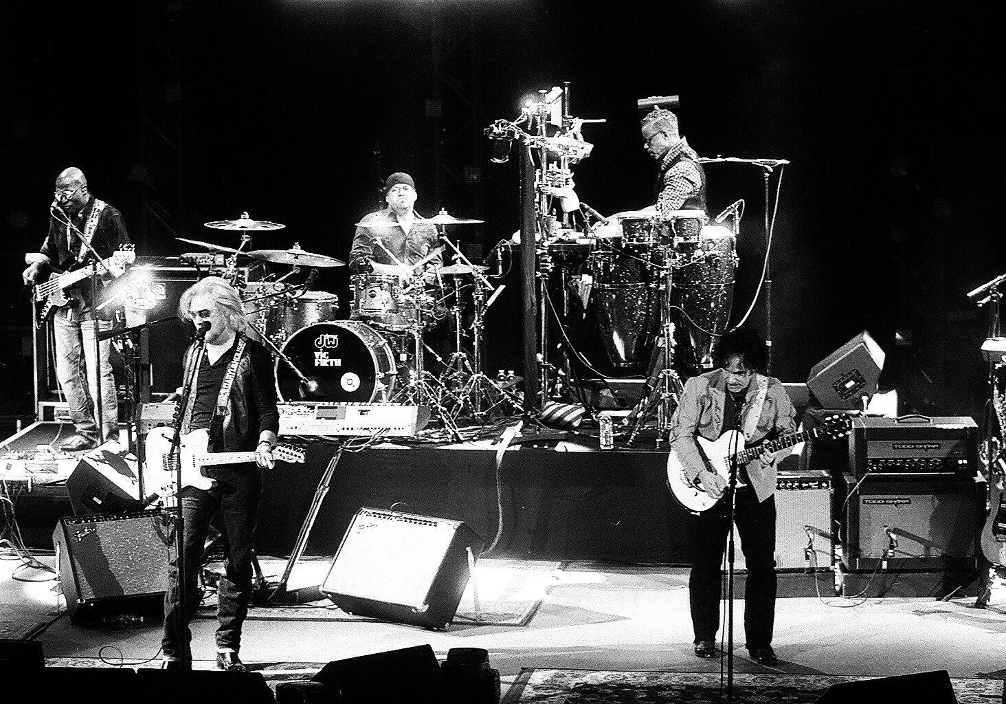Black-and-white photo of a live band.