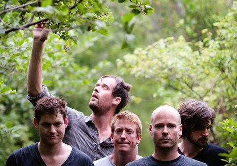 Five men standing in lush green forest.