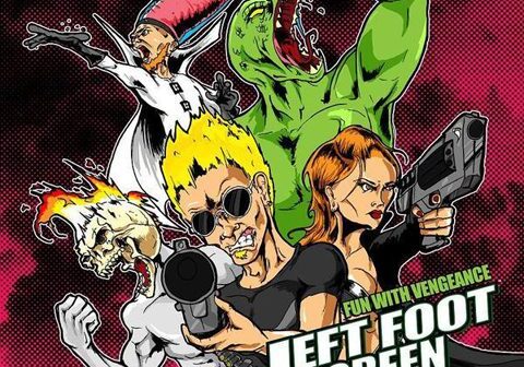 Comic-style characters with weapons and text.
