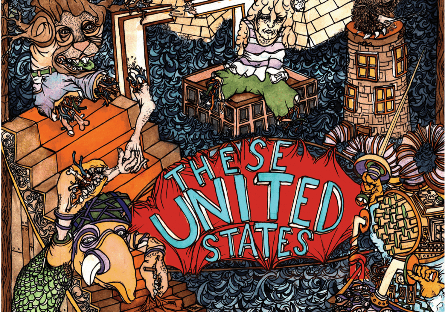 Surreal illustration with "These United States" text.
