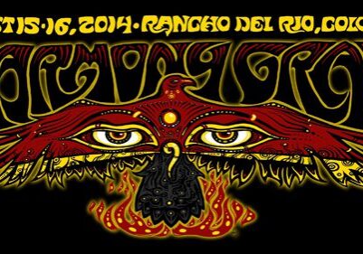 Psychedelic design with fiery bird and text.
