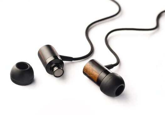 Wooden earbuds with detached ear tips.