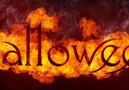 Halloween text with fiery flames background.